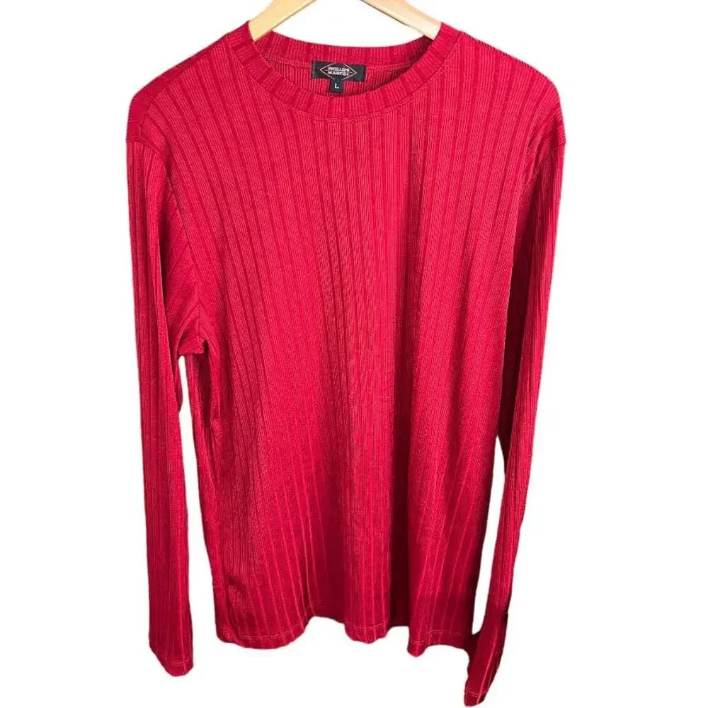 Vintage 90s Red Ribbed Knit Shirt Mens Medium Slim Fit Stretch